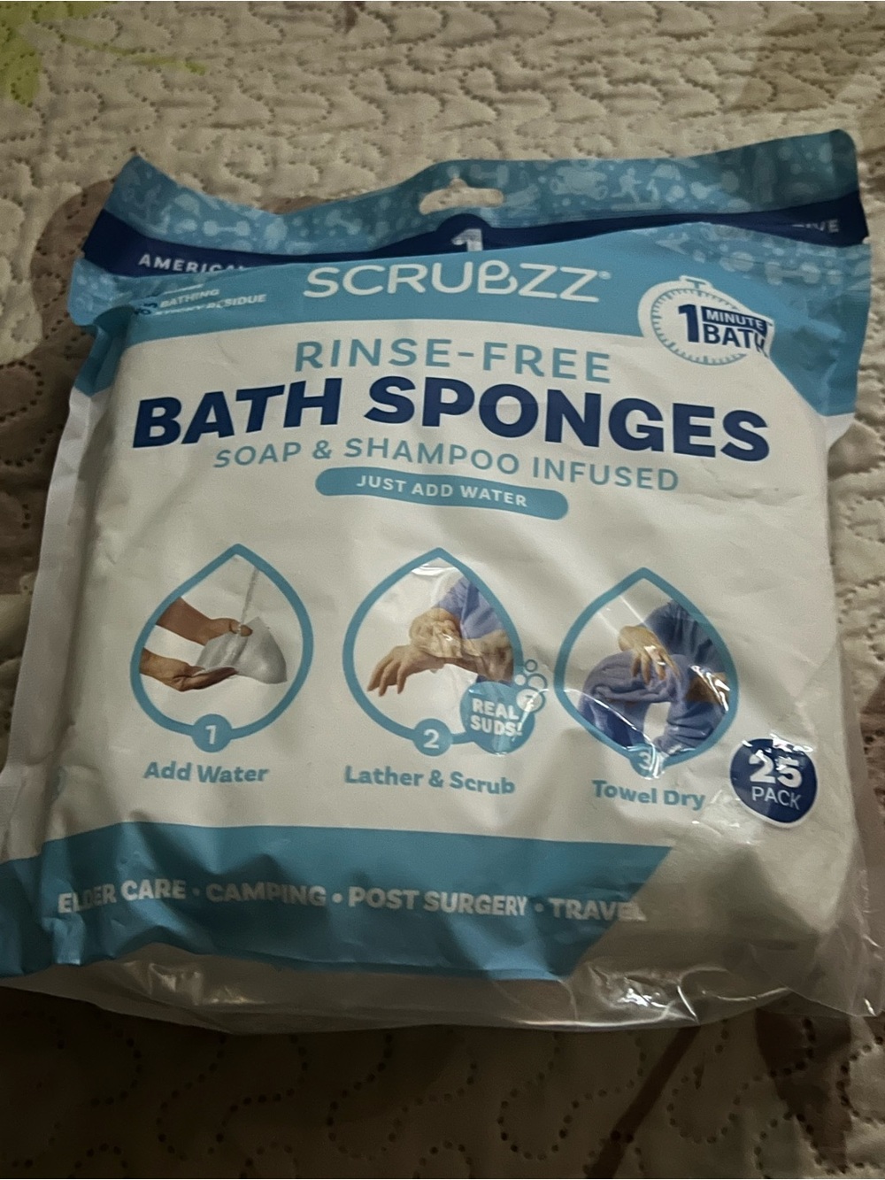 Scrubzz Rinse-Free Bath Sponges 25 Pack Soap & Shampoo Infused New Sealed